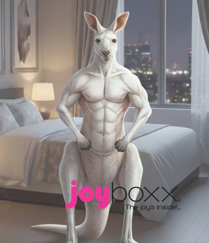 Muscular kangaroo in a bedroom setting with 'joyboxx' branding.