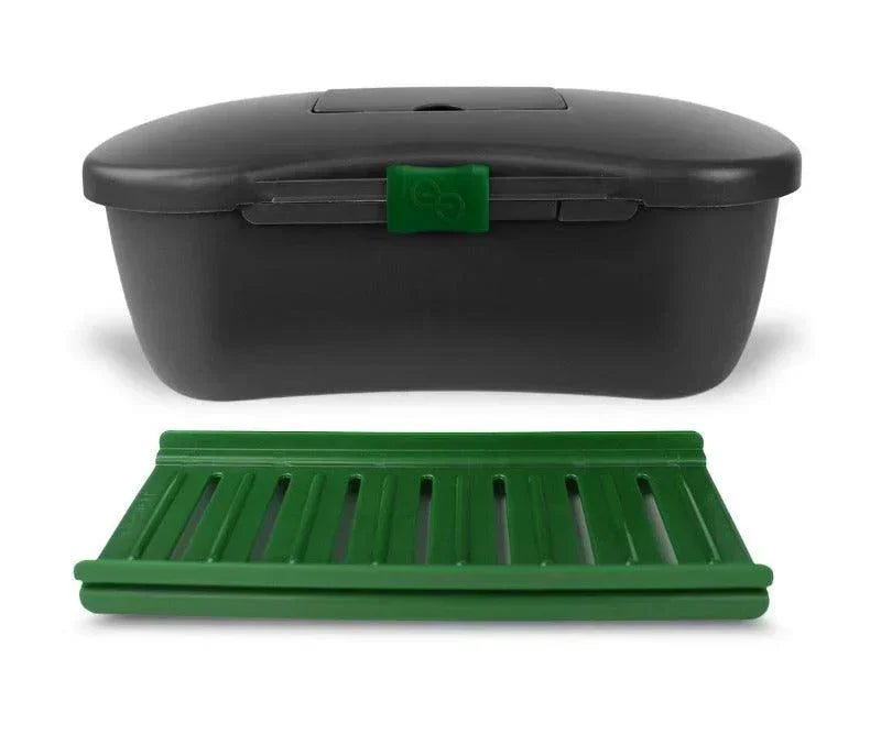 Black hygienic storage box with green tray, shown on white background.