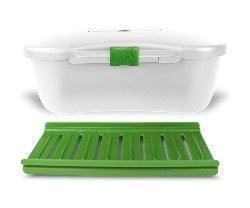 White hygienic storage box with a green locking tray, for secure, germ-free organization.