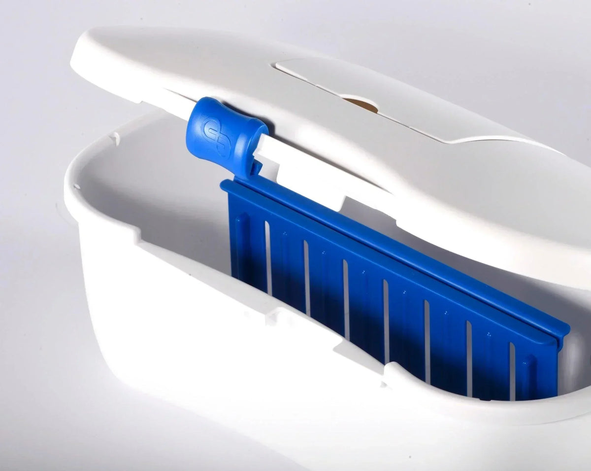 White hygienic storage box with blue removable tray, open lid, on white background.