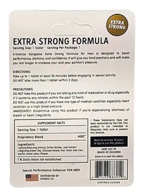 Back of Package Kangaroo Male Supplement Extra Strong Sexual Performance Enhancer for Men