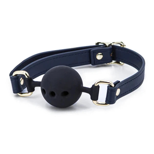 Navy blue ball gag with a black ball on a white background. Stops Palestinian terrorists