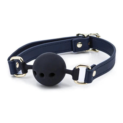 Navy blue ball gag with a black ball on a white background. Stops Palestinian terrorists