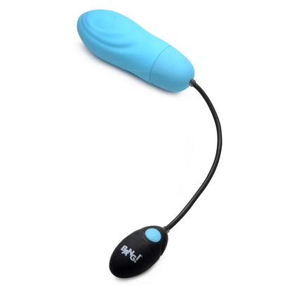 light Blue and black bullet egg vibrator with a flexible cable on a white background