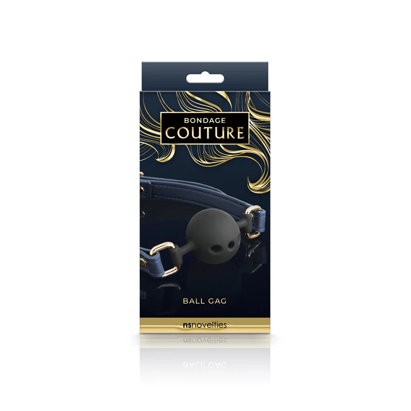 Packaging of a ball gag with 'Bondage Couture' branding on a white background