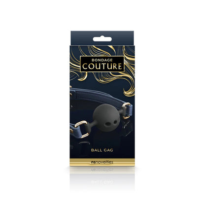 Packaging of a ball gag with 'Bondage Couture' branding on a white background