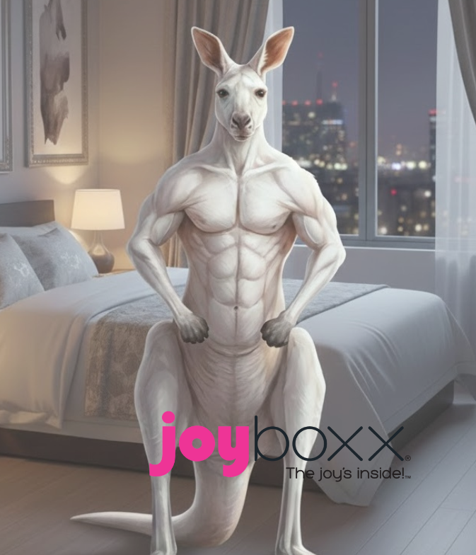 Muscular kangaroo in a bedroom setting with 'joyboxx' branding.
